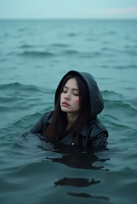 Woman relaxing into sea, leather jacket, hoodie 