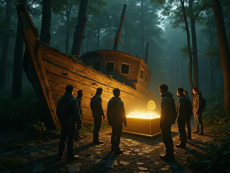  "A group of biologists exploring an abandoned, weathered wooden ship deep in a remote forest. The ship is covered with moss and vines, giving it an ancient, mysterious feel. Inside the ship, they discover a golden ark that resembles the Ark of the Covenan...