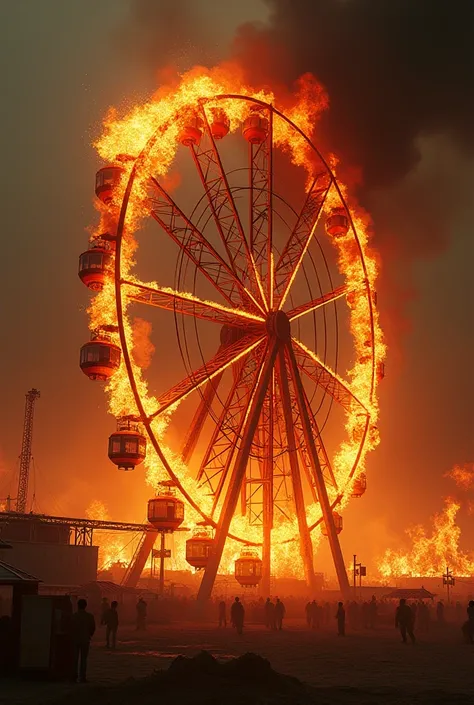 A burning ferris wheel with a lot of fire 