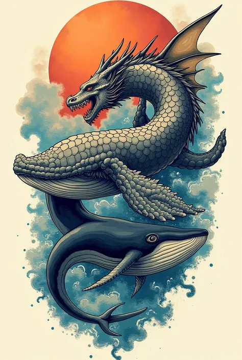 Tattoos of a dragon and a whale