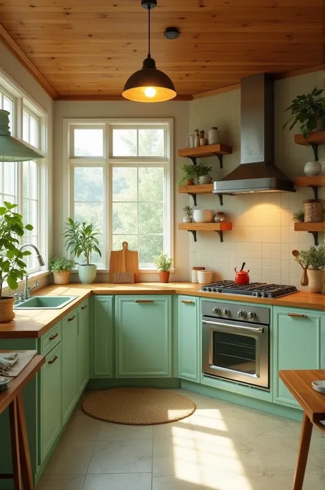 Light green and wood retro kitchen