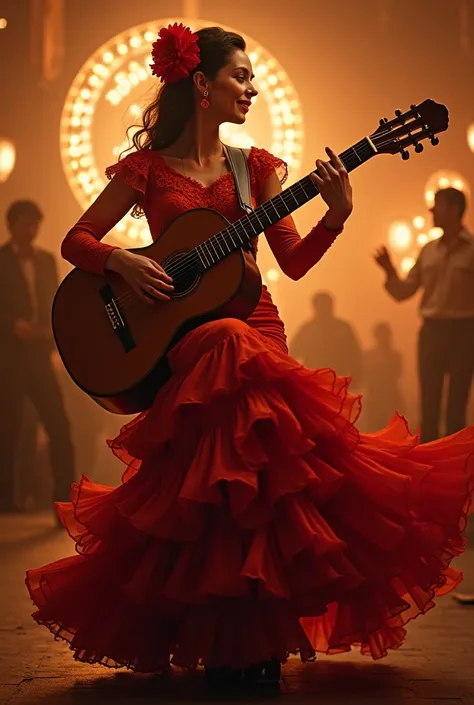 Image de fiction amusante, cheerful atmosphère with energy. Une femme espagnole exubérante nous regarde avec un sourire captivant qui nous invite à la suivre, elle a des écouteurs et écoute de la musique dance, elle est vêtue de vêtements de torero très aj...