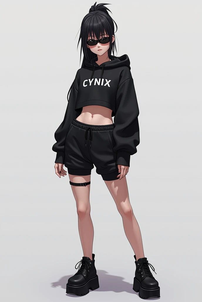 [3D anime only] A stylish young woman with a futuristic and modern aesthetic. She wore a black crop-top with the text CYNIX as the logo, paired with short tracksuit bottoms, adding depth to her look. Her sleek dark hair was tied up in a high ponytail, and ...