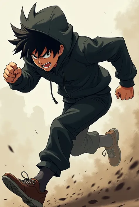 Anime male, running, left side view, black hoodie, angry, hoodie, black pants 