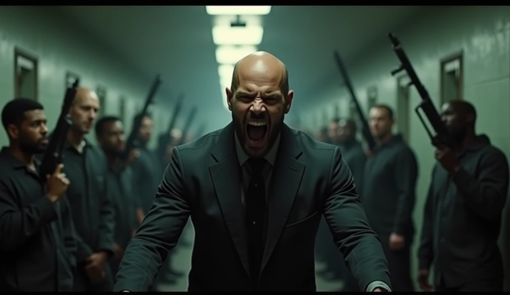 Jason Statham screams in prison. There are many people standing behind with weapons