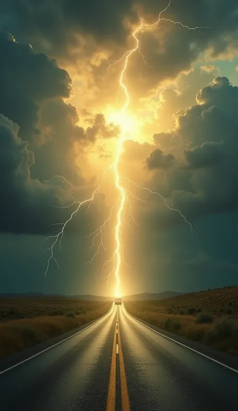  A road in the midst of a violent storm , with lightning and wind .  A lost  cries as a car comes into the distance .  God appears as a golden light among the clouds ,  calming the storm and lifting the  with a gentle hand while preventing the car from mov...