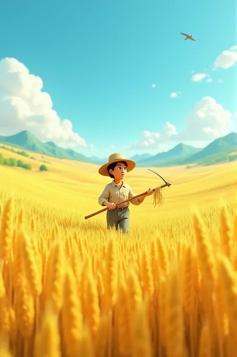 in cinematic 3D cartoon style "Farmer harvesting crops in the field
Prompt: "A farmer harvesting golden wheat or rice in the middle of a vast field, with a bright blue sky above and a few clouds, using a sickle to cut the crops, displaying a sense of conte...