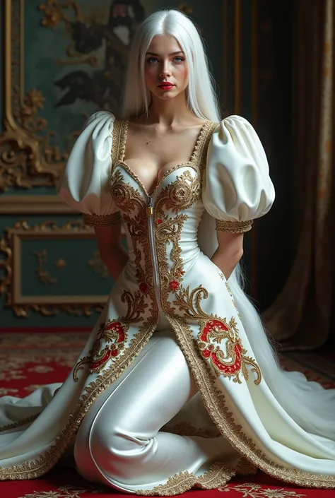  and a realistic picture of her body from head to toe must include a full costume ， A young Russian woman kneeling ，He played the empress of the Russian Empire ，190 cm high ， big  but thin waist ，Pure white hair ，Very long hair ，. She wears a latex royal d...