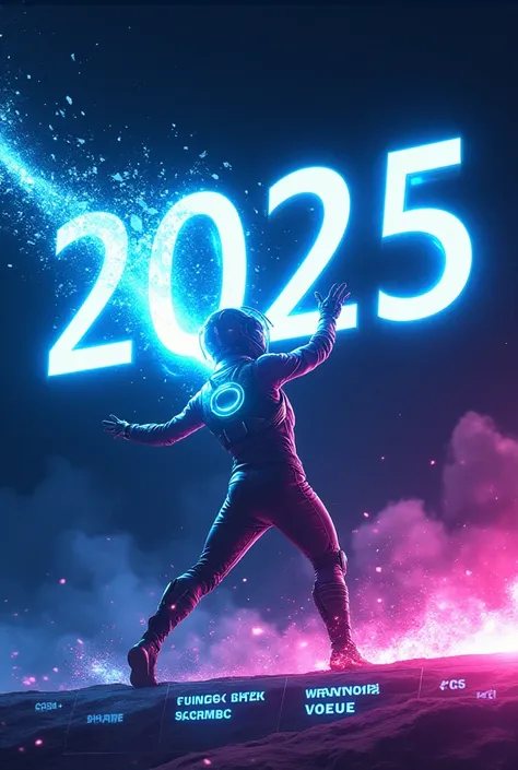 "Create a futuristic and action-packed illustration featuring a single heroic figure performing a dramatic act to symbolize the transition from 2024 to 2025. The character, dressed in a sleek futuristic outfit with glowing accents, is shown shooting a powe...