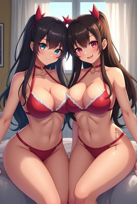 very identical anime twins with very big boobs, big thighs, thicc, looking at viewer, originial characters, high definition,in house, copying each other,