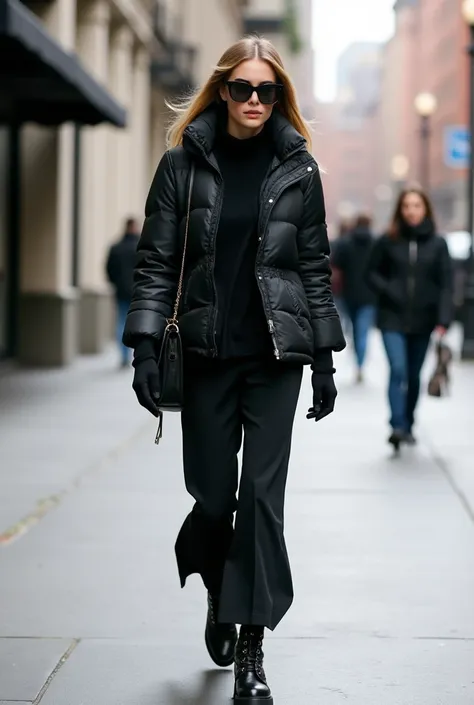  A woman walking through a city street in an all-black winter outfit, including a puffer jacket, wide-leg trousers, sleek leather gloves, and combat boots. She’s wearing large sunglasses and has a crossbody bag.