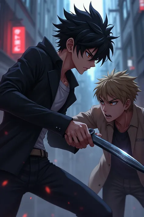 Anime boy attacking another person with a knife 