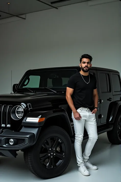 A wide shot of a jeep suv in black color and a man wearing black tshirt and white jeans giving a model like pose by his hands, he has h slight beard, he looks like a middle Eastern man, he wearing ear rings and hes in a studio like environment. 