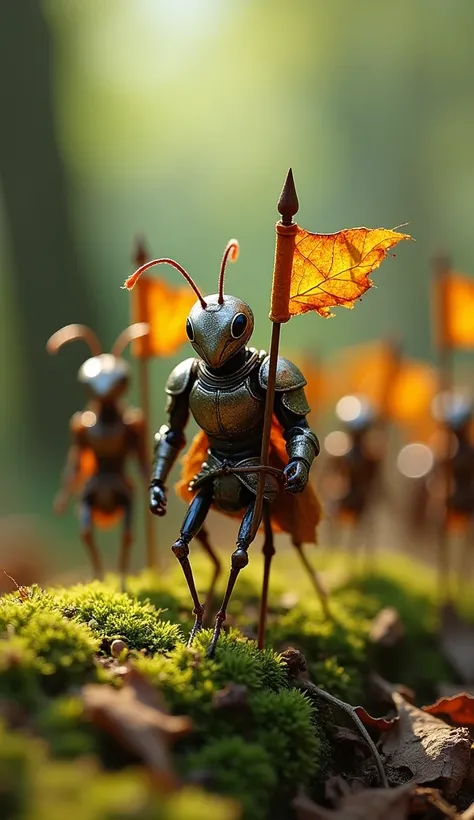 Macro photograph of a knightly centaur-like character, blending a tiny humanoid upper body with the lower body of an ant, leading a procession of ants carrying tiny banners. The scene is set on a forest floor with mossy textures, and sunlight streams throu...