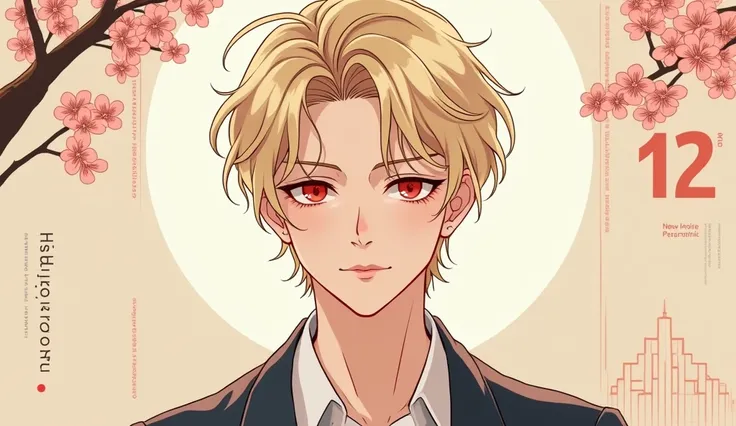 Two-dimensional illustration of a blonde with red eyes, a beautiful man in his 20s, delicate Japanese New Year