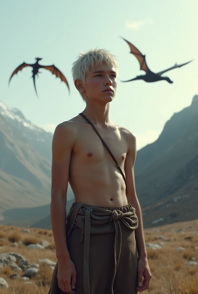 A cute scrawny targaryen scrawny teenager boy with 19-year-old with silver short hair and  a cute boyish face wearing a skimpy royal loincloth, fantastic Winterfell scenary, three dragons flying in the distance 