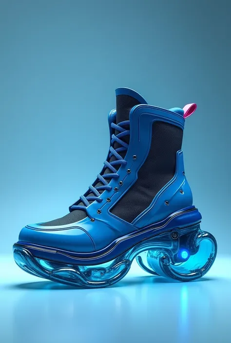 Image and design of a sports shoe ankle boots with thick sole, transparent glass platform ergonomic hyperrealistic cyber android xzx-2029. blue color. Design: """Louis Voulton"""