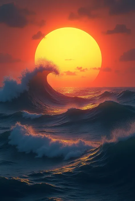 the huge setting sun, over the horizon, against the background of the ocean, which absorbs part of the sun, forms a large wave of several meters