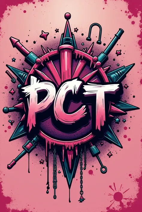 Create a decorated logo decorated with a lot of things in the background like punk but pink this one but that says pct 