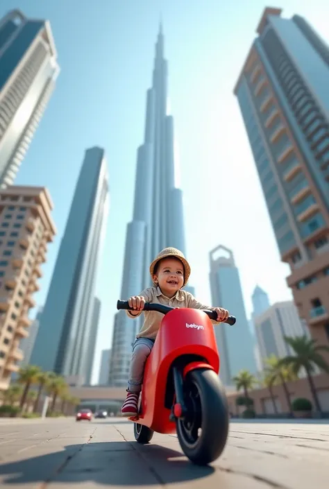  A small  is riding a sports type chargeable red color toy bike in dubai with a background of burj khalifa.the brand of the bike is written as bebyn (all letters are in smaller letters)