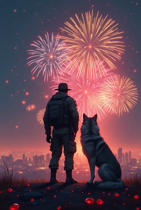 a soldier and a wolf on New Years Eve watching the fireworks, around them many red gems and the writing Happy New Year W8LF in the sky