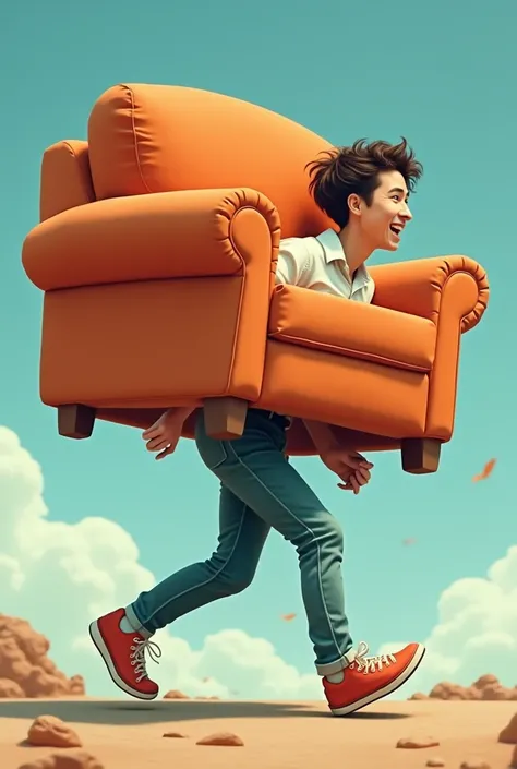 Surreal depiction of a human carrying a sofa, jogging in an exaggerated cartoonish style, UHD, vibrant