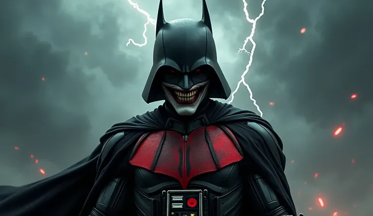 A dramatic poster of the Batman Who Laughs, wearing a dark, intimidating suit of armor inspired by Darth Vader’s design. The sleek black armor is contrasted with vibrant red accents, giving him a menacing, otherworldly presence. His face is obscured by a d...