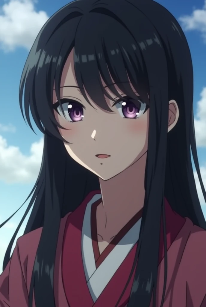 record of Ragnarok screencap of female her eyes are almond shaped purple eyes,and her hair hair is tall and black with side bangs, scenery is she is wearing a kimono, she had a pale skin with soft makeup (she is in love with okita suji)