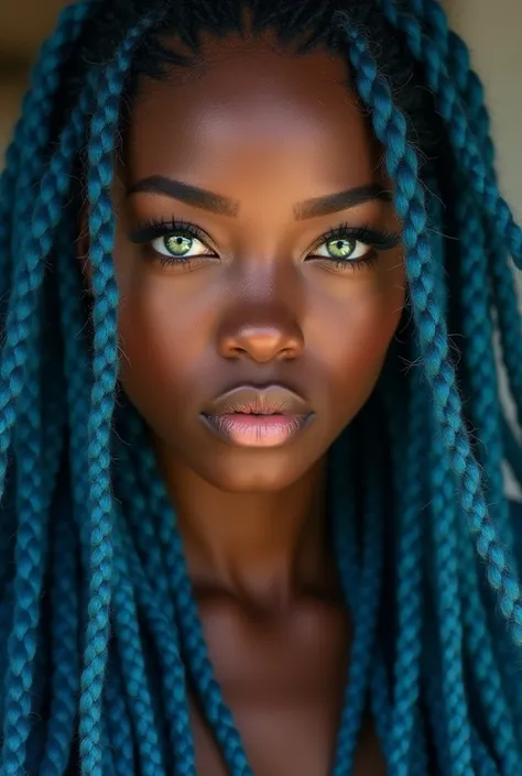 A beautiful Mulatto girl, long blue Rasta style braids, very expressive green eyes and sd+euctive look