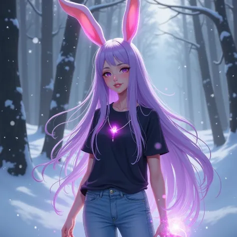 Beautiful bunny girl, age 23, magic healing mage, wearing a black baggy t shirt with light blue jeans, in a snowy forest, glowing magical aura around body, realistic, long purple straight hair,