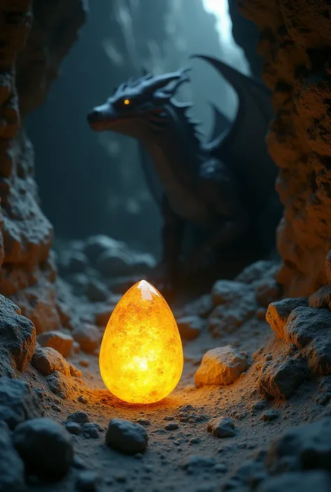 Ether Crystal  (( a golden stone the very small size and shape of an egg)), in a rocky and gray cave , In the background a medieval dragon in the midst of shadows 