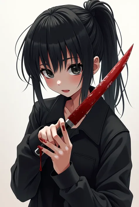 Make a cartoon 2D Yandere simulator girl black hair, black eyes, ponytail, she has a knife and it has blood