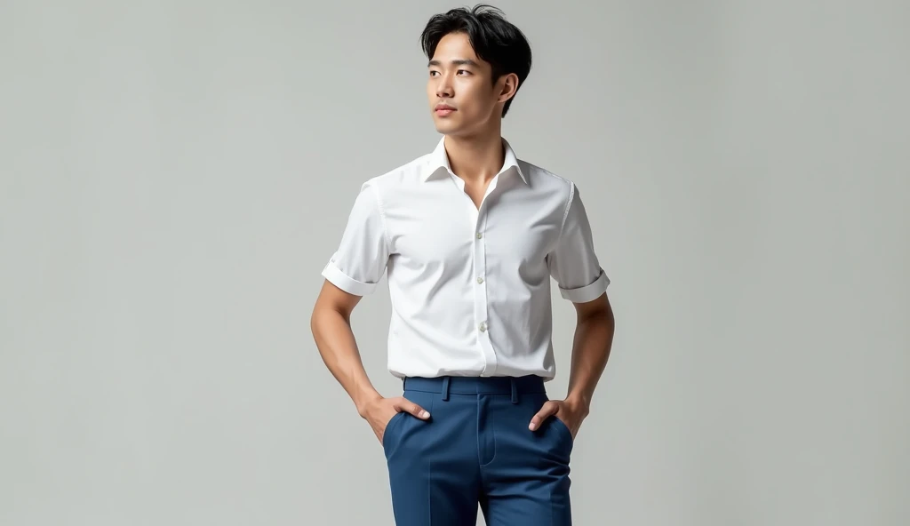 A young man, with a normal body, white shirt and blue trousers, completely healthy. Hyperrealistic image.