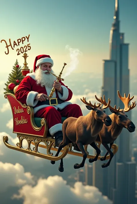  Santa Claus smoking hookah and flying over Christ the Redeemer in a large sleigh pulled by running moose,  And its written DUBAI HOOKAH and underneath that phrase is written Campos Belos on the side of the sleigh, On top of Santa Claus place exactly as it...