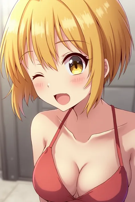 Anime woman getting fucked,  with short hair , blonde, golden-eyed, with big tits.