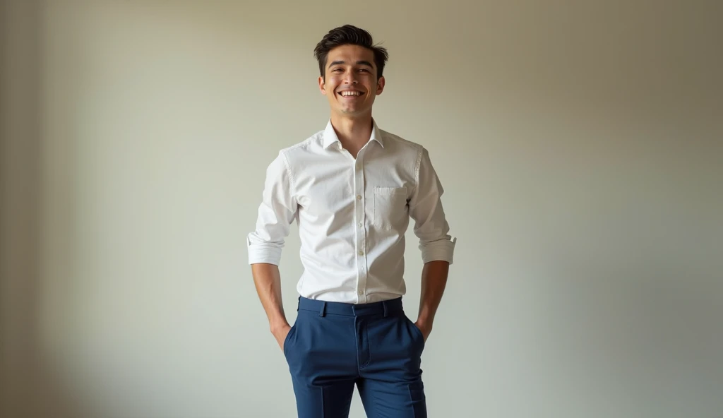 A young, thin man, white shirt and blue pants, very happy. Hyperrealistic image.