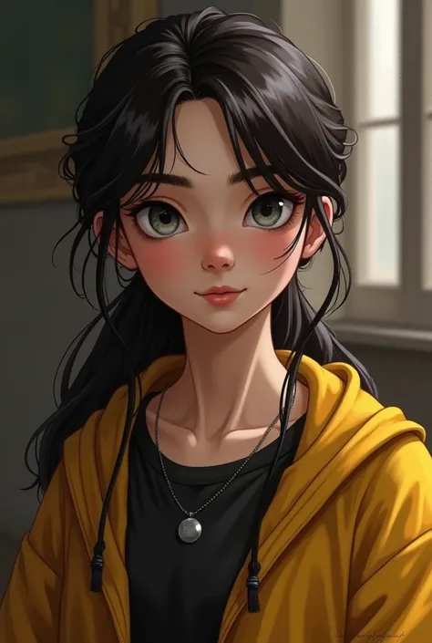  based on the world of Harry Potter I need a  dark brown-haired teenager tied with loose locks on the front of her face, with aristocratic features , and gray eyes with a slightly kinder face with huffelpuff clothes in yellow and black
