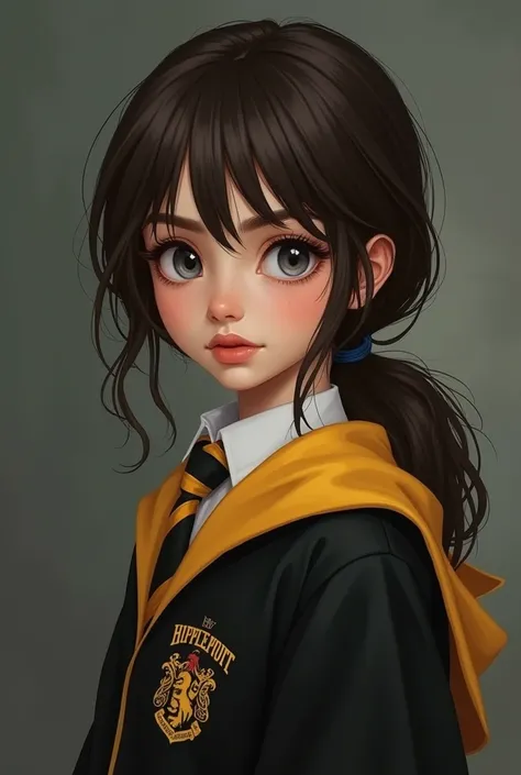  based on the world of Harry Potter I need a  dark brown-haired teenager tied with loose locks on the front of her face, with aristocratic features , and gray eyes with a slightly kinder face with huffelpuff clothes in yellow and black
