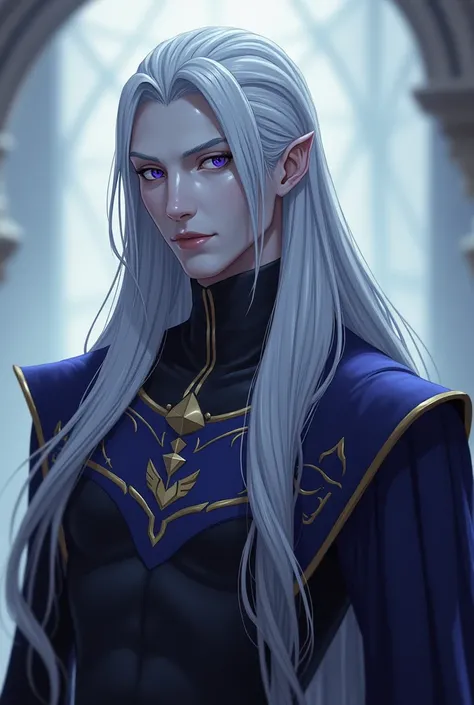 A very beautiful drow, Prince Lotor of Voltron smiling gently, masculine gender