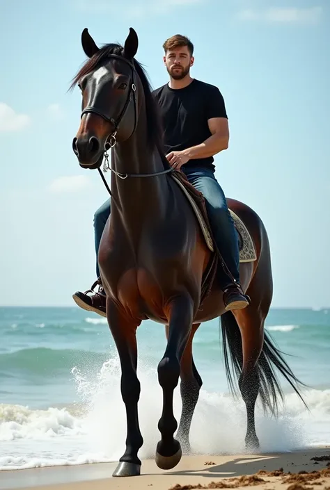  a man wearing a black t-shirt and black jeans, riding a giant horse , and facing directly into the camera .  The giant horse is much larger than his usual,  with baground on the beach there is sea water her 