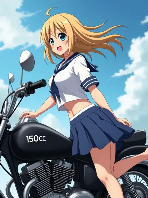 Black 1500cc classic motorcycle, high school girl, big breasts, white sailor uniform, blue skirt taken off, white g-string underwear up and down, fluffy golden hair, one leg raised, view from behind, wind blowing, my camel toe can be seen, anime style.