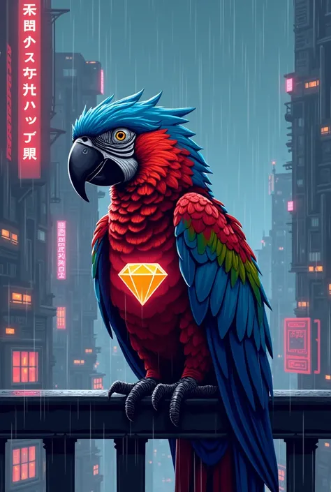  Macaw has a diamond symbol on its chest in pixel art, rainy night (In the background a cyber world )