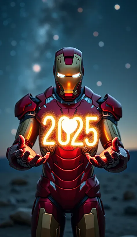 IronMan, Standing, Making "2025" Hologram In Hands, Celebrating New Year, Night Time, Milky Way, Realistic, Cinematic 