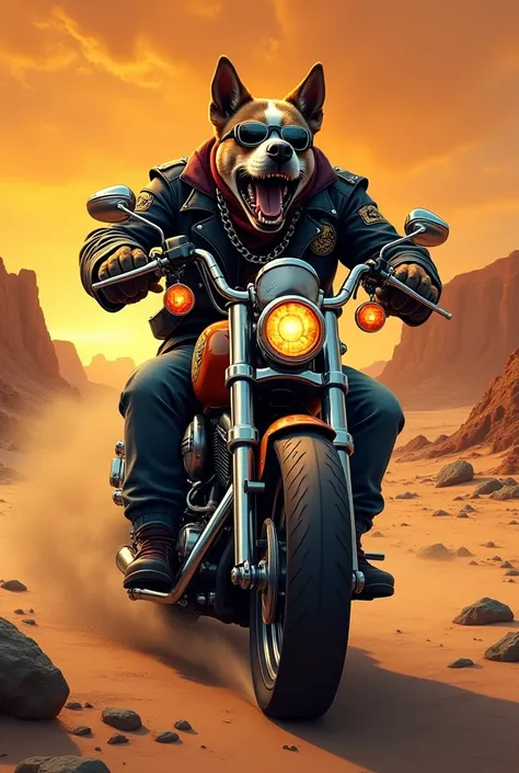 **Graphic Design Description: Angry Dog Riding a Motorcycle in the Desert**

In this graphic design, a **fierce and angry dog** appears, with its jaws open and its breath furious, as if it is ready to attack. The dog is wearing **gangster-inspired clothing...