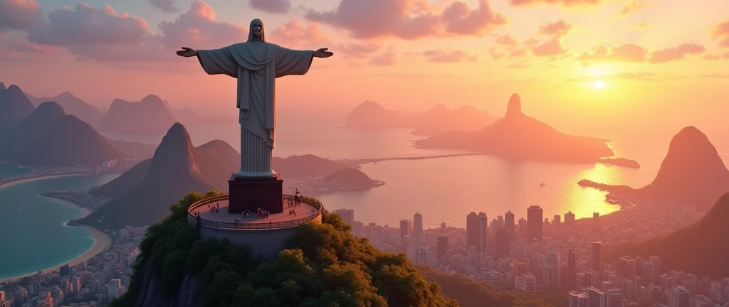 A Pixar-like animated depiction of the Christ the Redeemer statue in Rio de Janeiro, Brazil, standing tall and majestic atop Corcovado Mountain. The background features a panoramic view of the city, including the sparkling blue Guanabara Bay, sandy beaches...