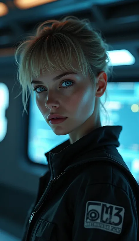 Hyperrealism. Perfect anatomy. Alisa Selezneva. Short hair, blue eyes. Computer driven, realistic, highly detailed, on board a spaceship, cyberpunk, dark background, background light trails, large screen, 8k, best quality, realistic, photorealistic, High d...