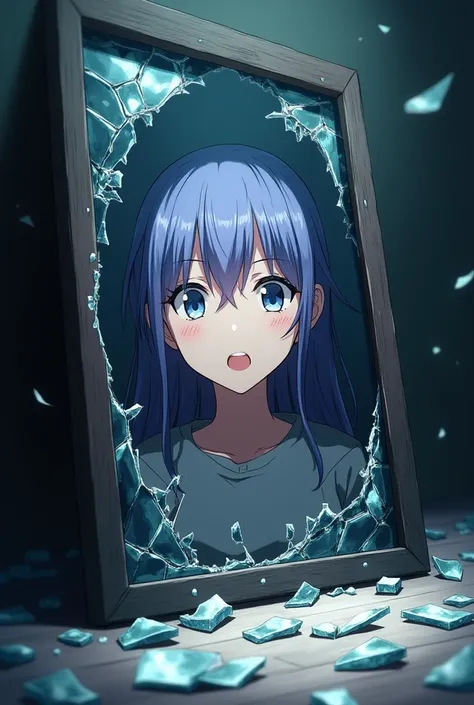 
" Generate an anime image with a broken mirror effect , where the male character / female has her face reflected inside one of the broken glass of the mirror,  as if trapped in it .  The rest of the characters body must be outside the mirror ,  with an ex...