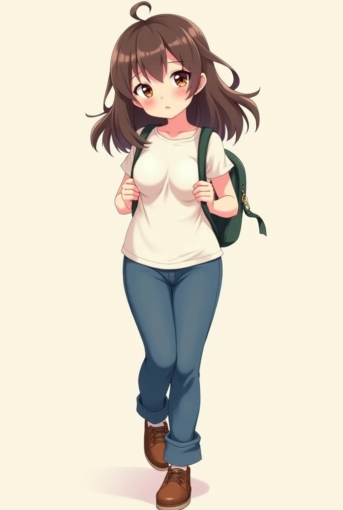 A pretty and very tender and friendly anime girl Loli with brown hair and eyes with big breasts wearing a white shirt with blue pants and brown shoes as well as a backpack 