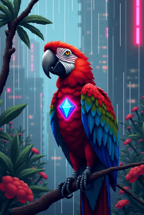  Macaw has a diamond symbol on its chest in pixel art, rainy night (From the cybernetical background animal jungle)