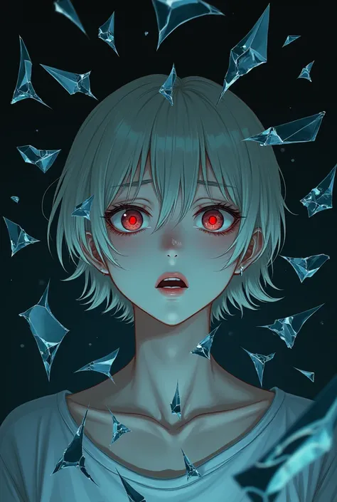 

" Generate an anime image with a broken mirror effect , where the male character / feminine has his face reflected in multiple broken glass in the mirror, creating a distorted and surreal image.  The character must have an expression of anguish and despa...